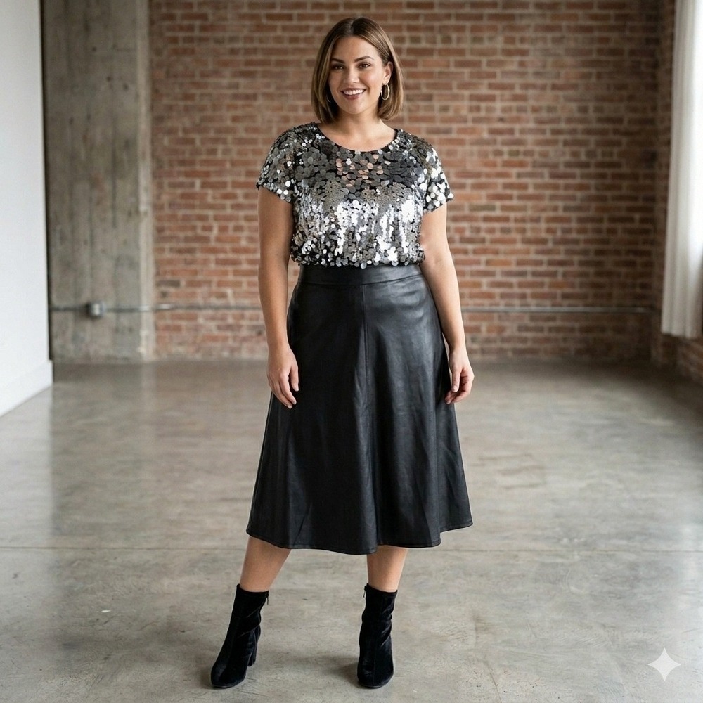 Midnight Velvet Sequin Top Women XL Silver Paillette Short Sleeve Glam Party Tee